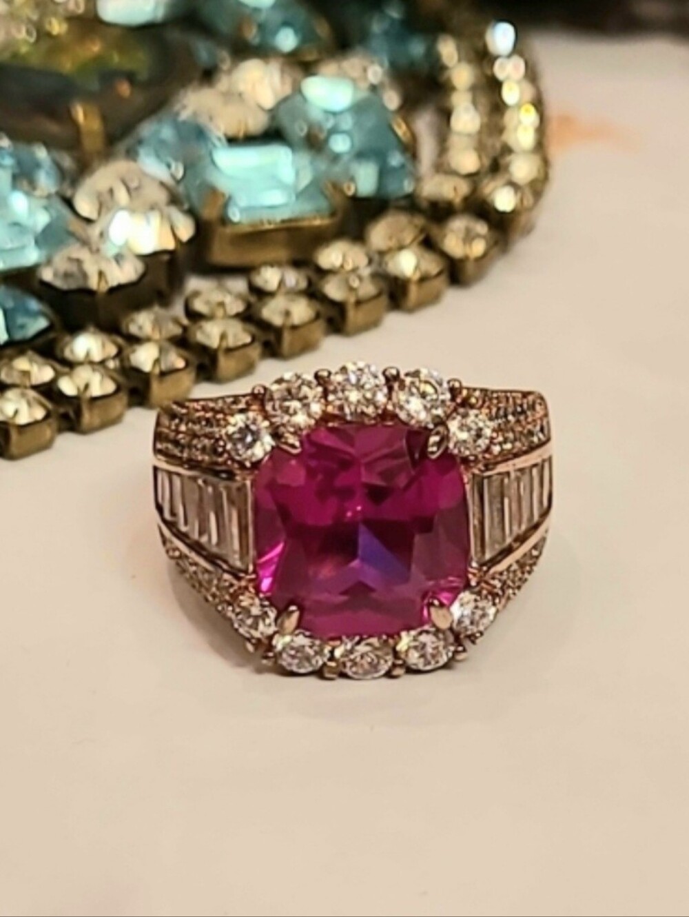Pink Ruby & White Diamond Simulant Rose Gold Chunky Ring